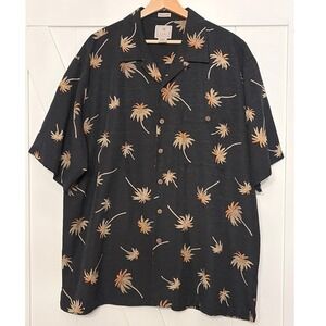 Luau Sportswear Mens XL Silk Cotton Embroidered Palm Tree Aloha Camp Shirt Black